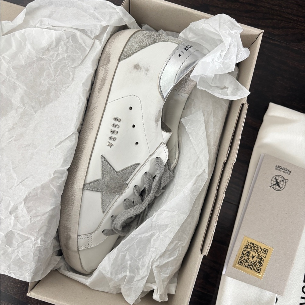 Golden Goose White and Silver Sneakers